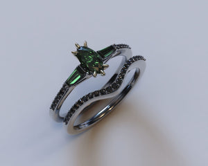 Black Gold Emerald Engagement Ring Set - Art Deco Style