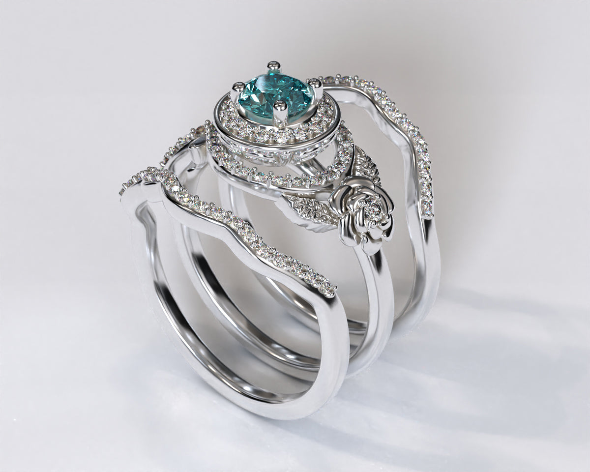 Flower Aquamarine White Gold Wedding Ring Set