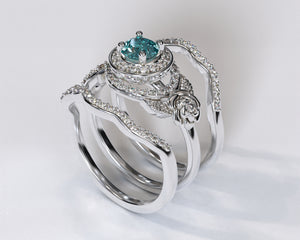 Flower Aquamarine White Gold Wedding Ring Set