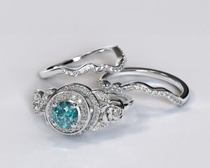 Flower Aquamarine White Gold Wedding Ring Set