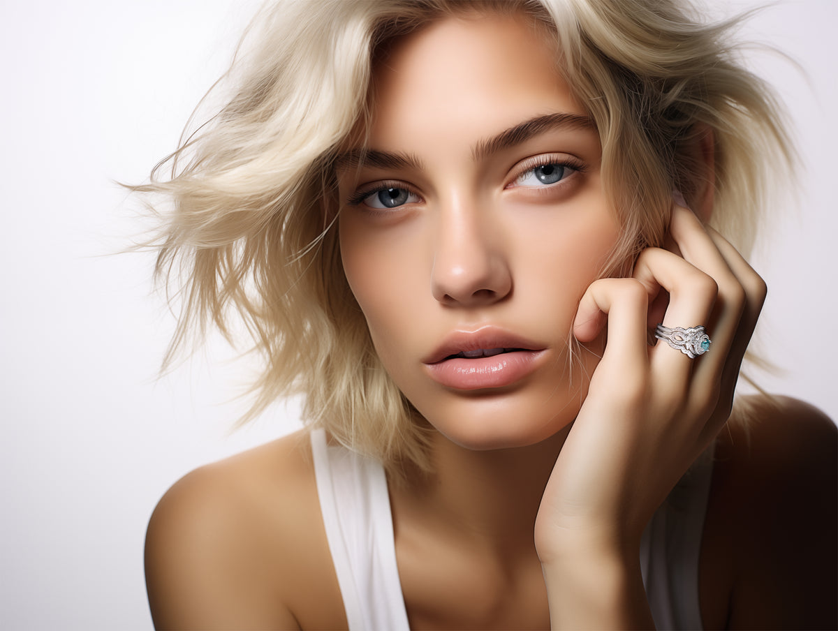 Flower Aquamarine White Gold Wedding Ring Set