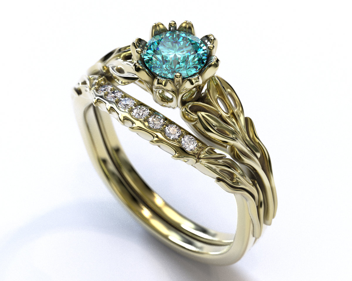Unique Flower Blue Diamond Wedding Ring Set