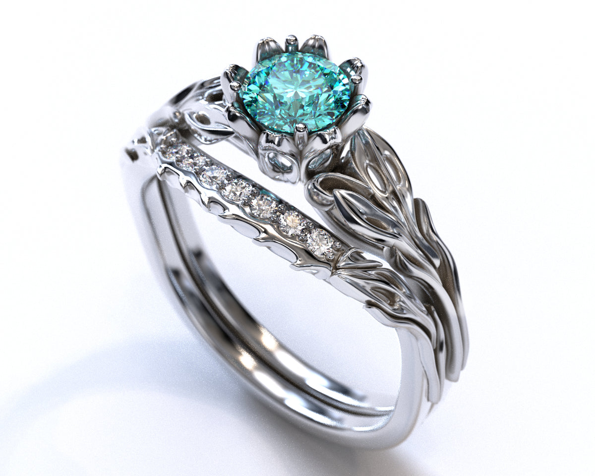 Unique Flower Blue Diamond Wedding Ring Set