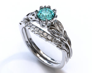 Unique Flower Blue Diamond Wedding Ring Set