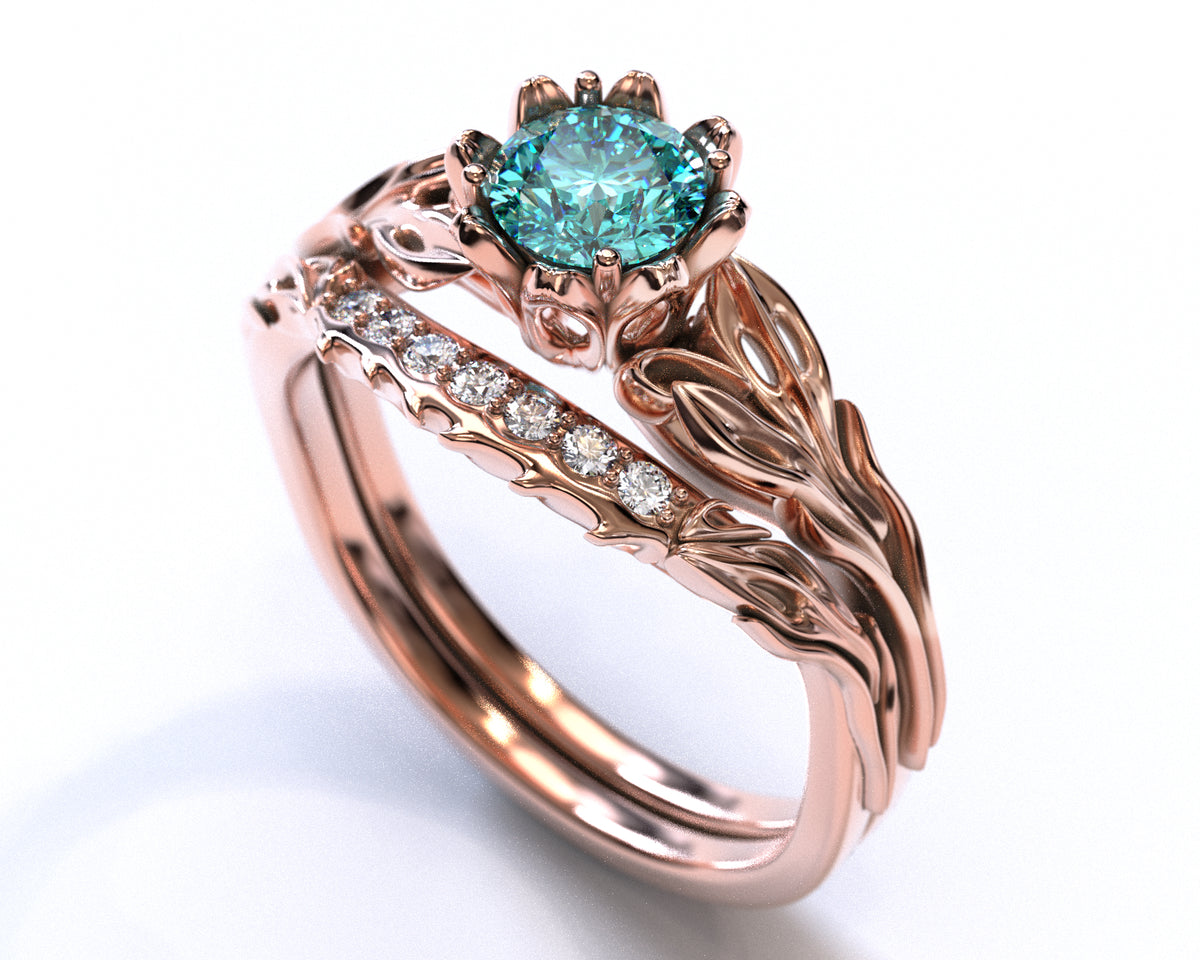 Unique Flower Blue Diamond Wedding Ring Set