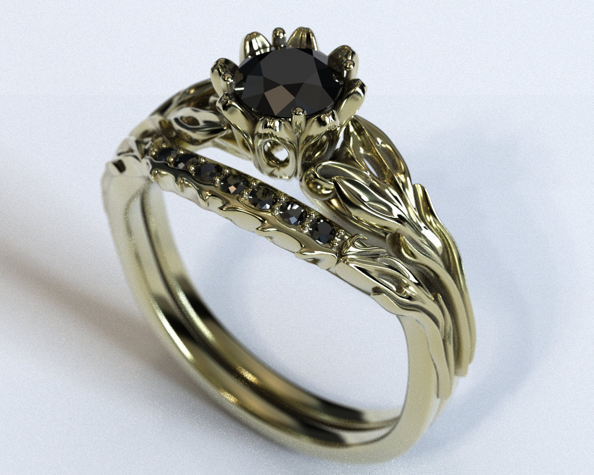 Unique Black Diamond Rose Gold Wedding Ring Set