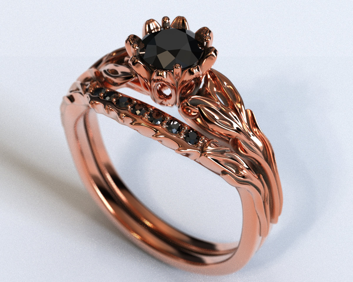 Unique Black Diamond Rose Gold Wedding Ring Set