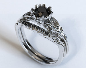 Unique Black Diamond Rose Gold Wedding Ring Set