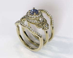 Flower Tanzanite Halo Bridal Ring Set