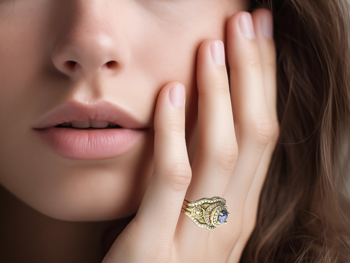 Flower Tanzanite Halo Bridal Ring Set