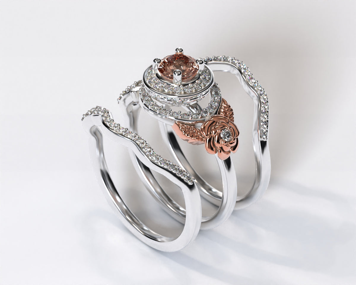 Unique Flower Two Tone Gold Halo Morganite Wedding Ring Set