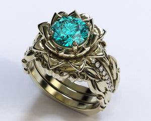 Unique Flower Aquamarine Wedding Ring Set