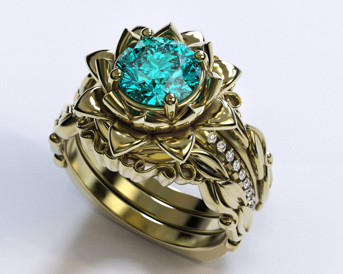 Unique Flower Aquamarine Wedding Ring Set