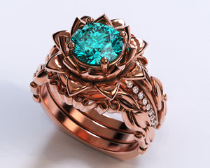 Unique Flower Aquamarine Wedding Ring Set