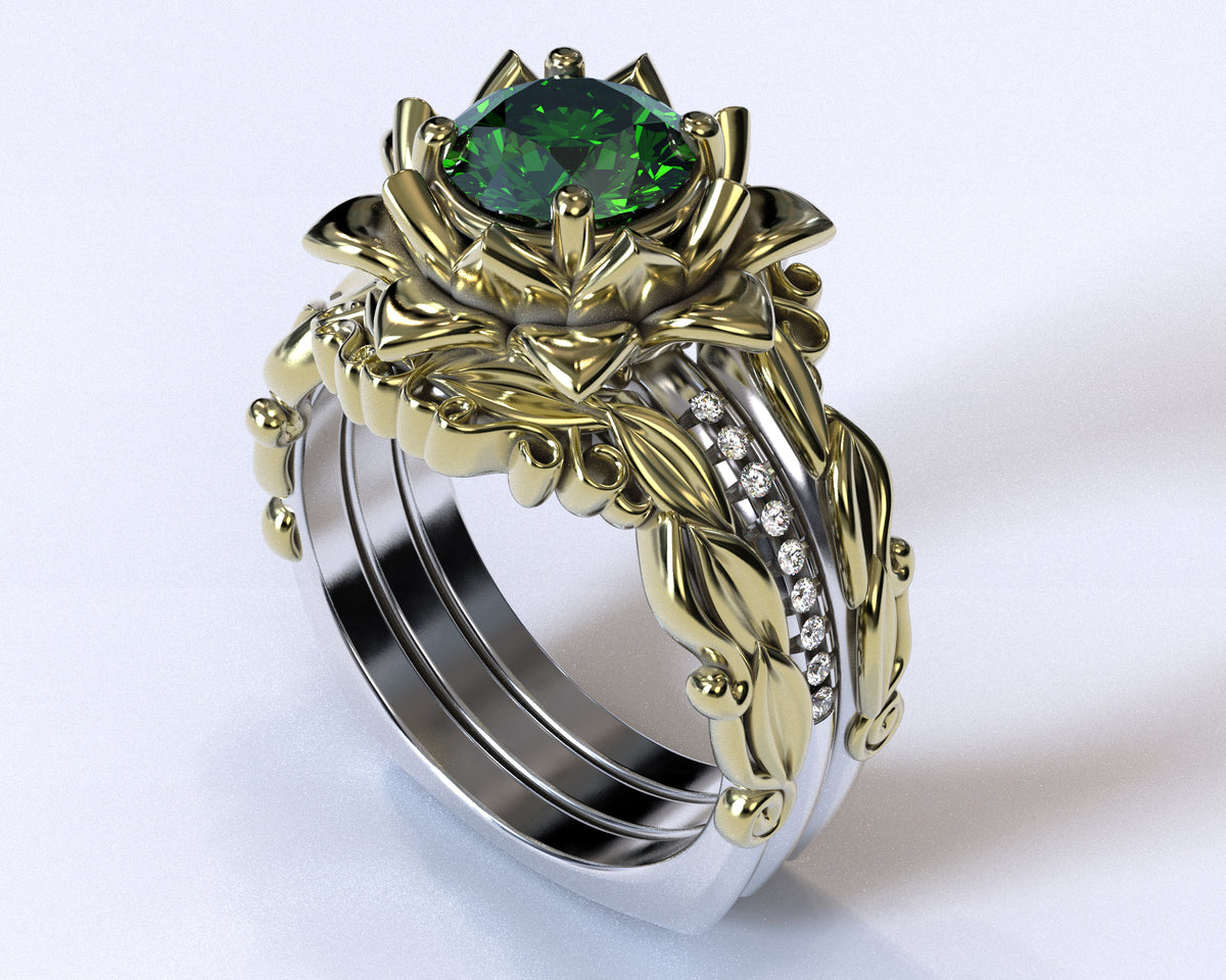 Emerald Flower Wedding Ring Set