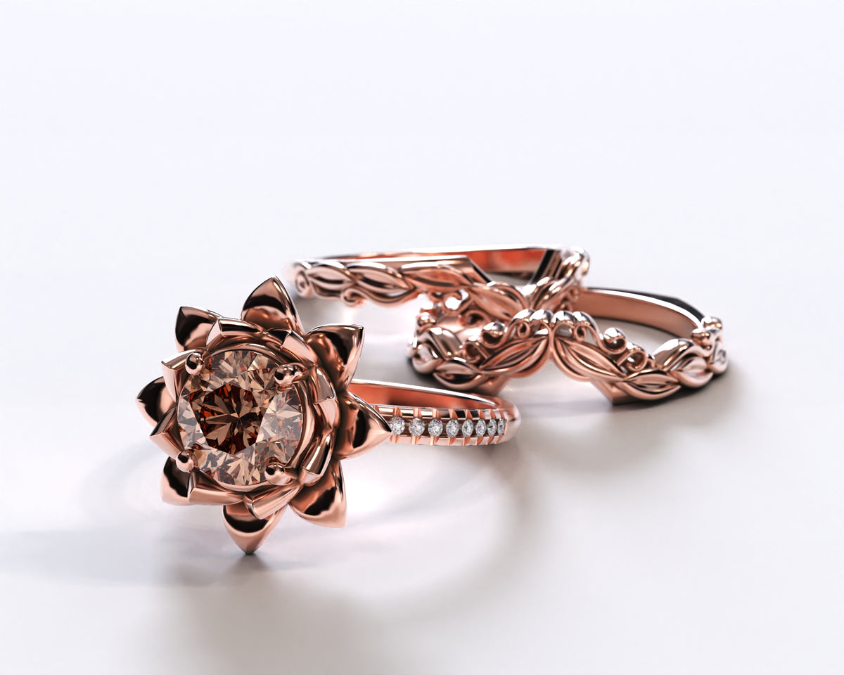 Unique Flower Morganite Wedding Ring Set