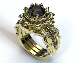 Black Diamond Floral Wedding Ring Set