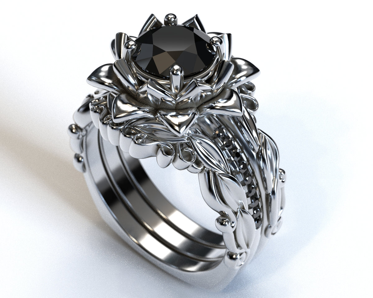 Black Diamond Floral Wedding Ring Set