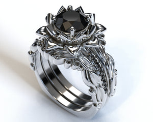 Black Diamond Floral Wedding Ring Set