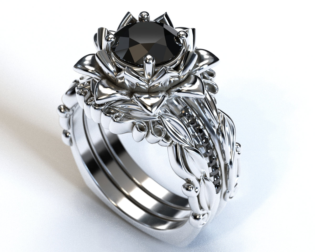 Black Diamond Floral Wedding Ring Set