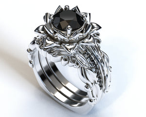 Black Diamond Floral Wedding Ring Set
