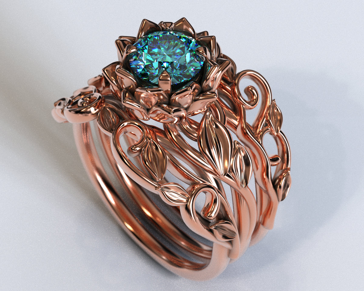 Aquamarine Flower Wedding Ring Set