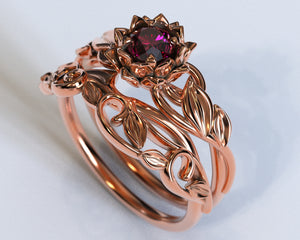 Flower Ruby Bridal Ring Set