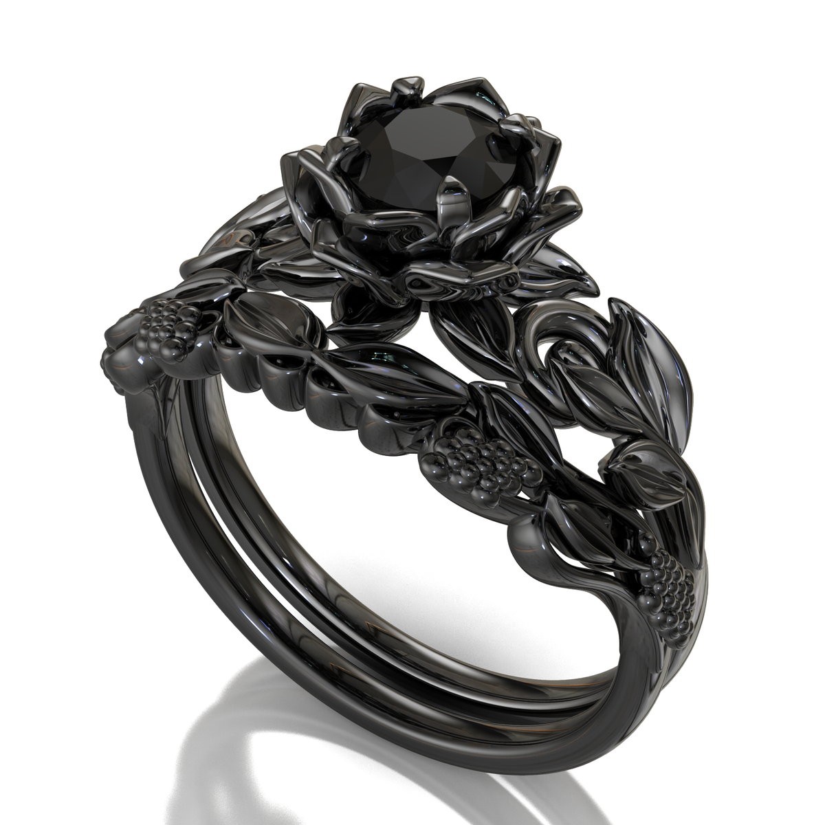 Unique Black Lotus Flower Engagement Ring