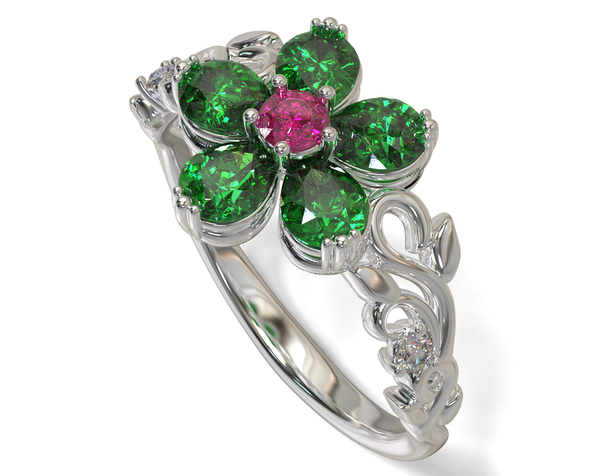 Plumeria Flower Emerald Engagement Ring