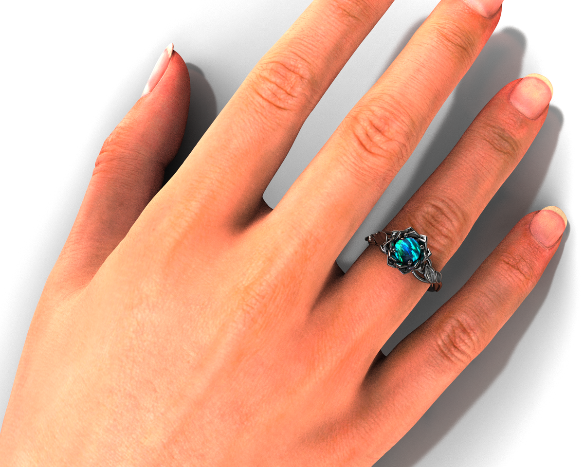 Black Gold Opal Flower Engagement Ring