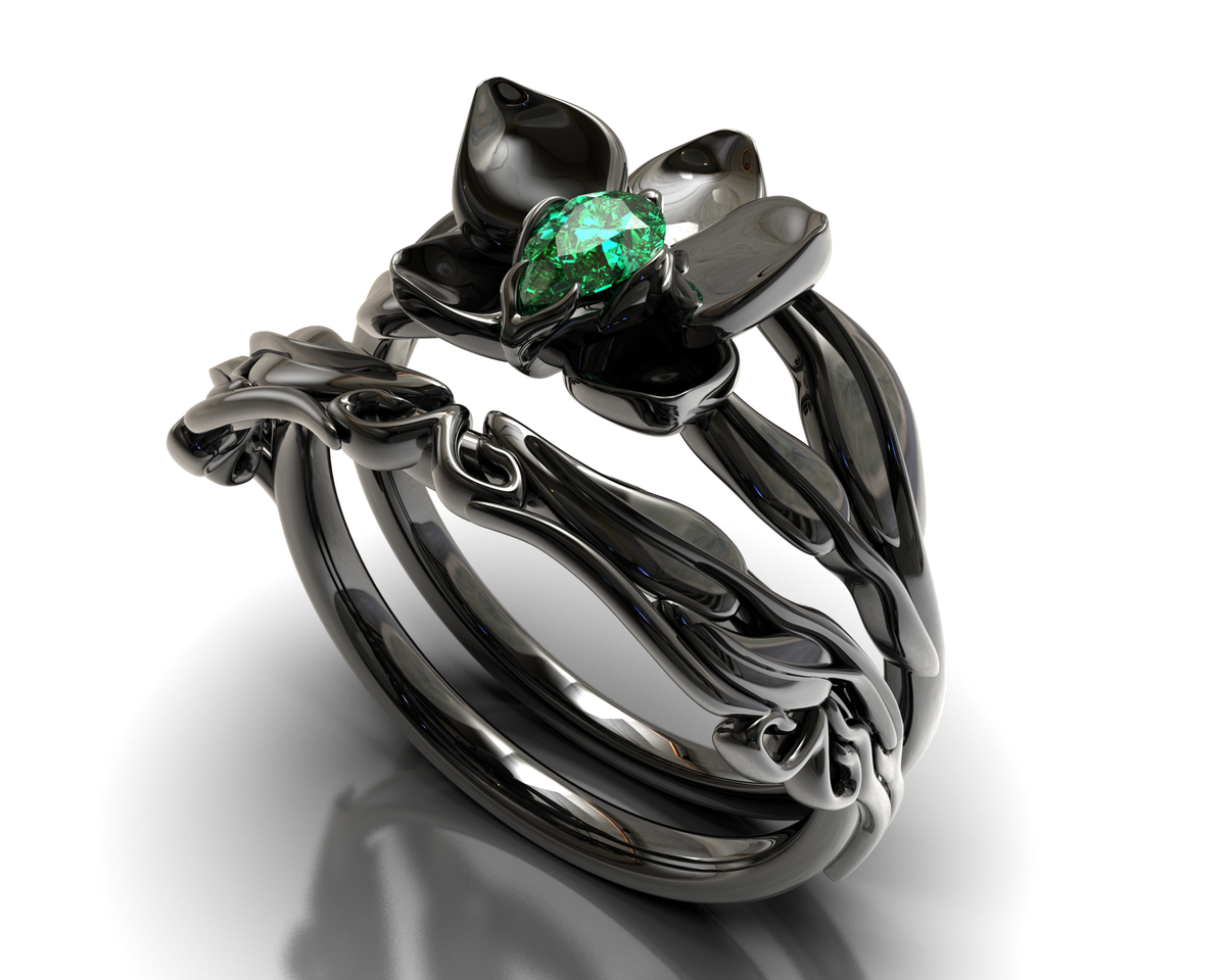 Black Gold Emerald Wedding Ring Set