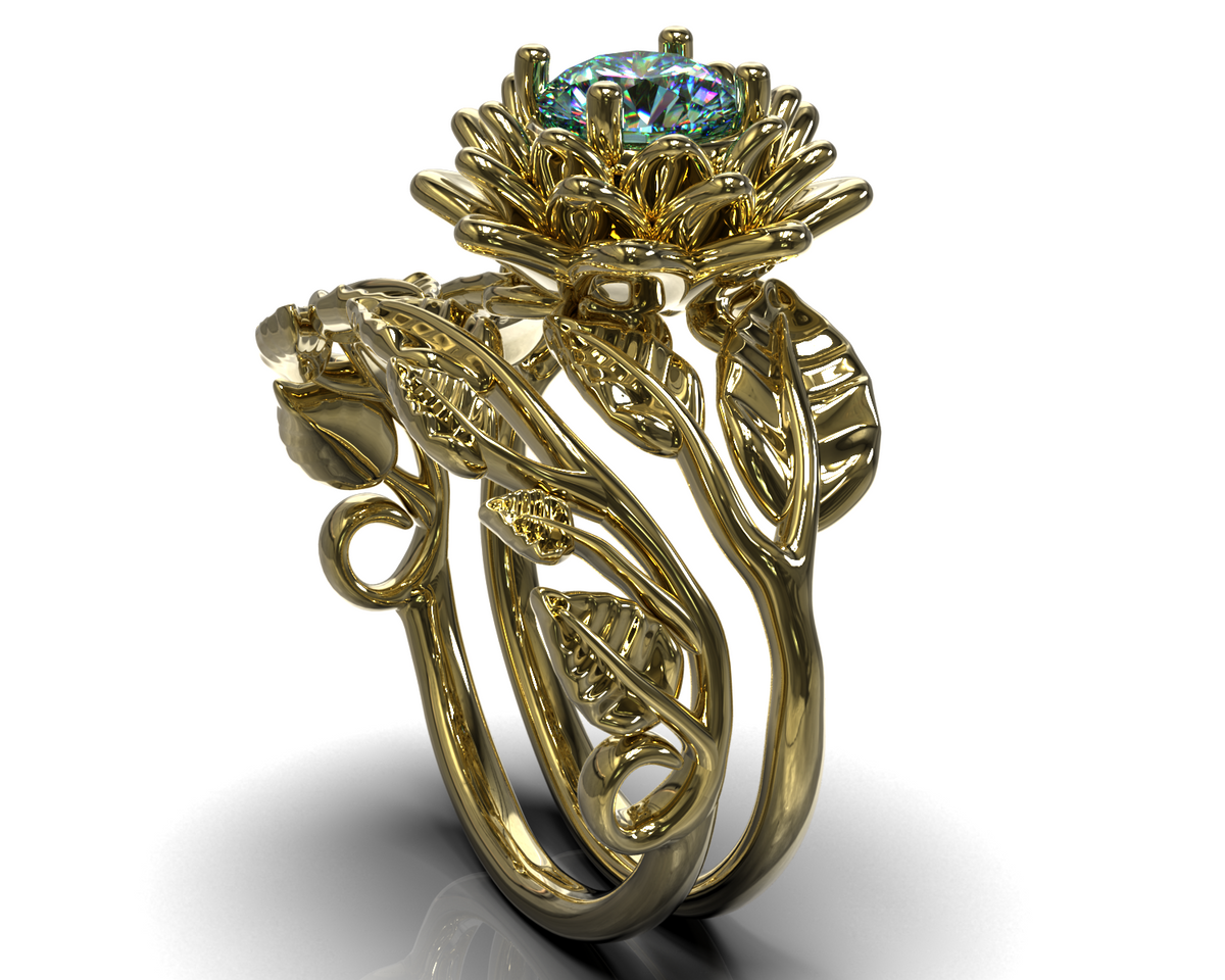 Flower Aquamarine Wedding Ring Set