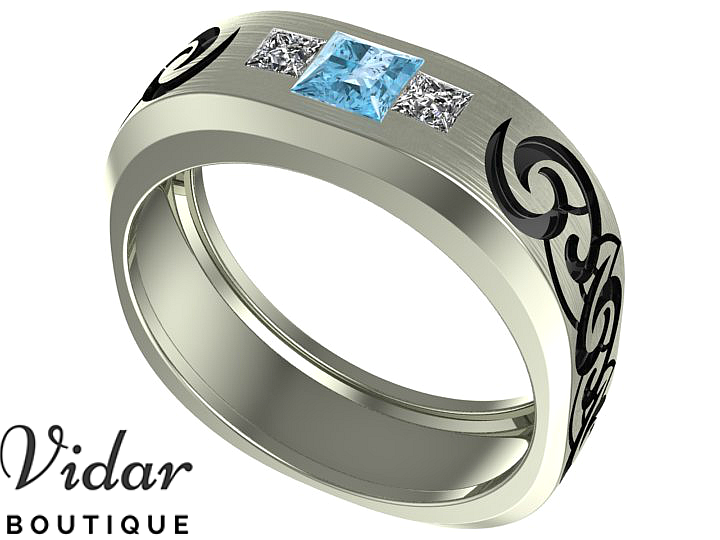 Unique Tribal Mens Aquamarine Wedding Ring