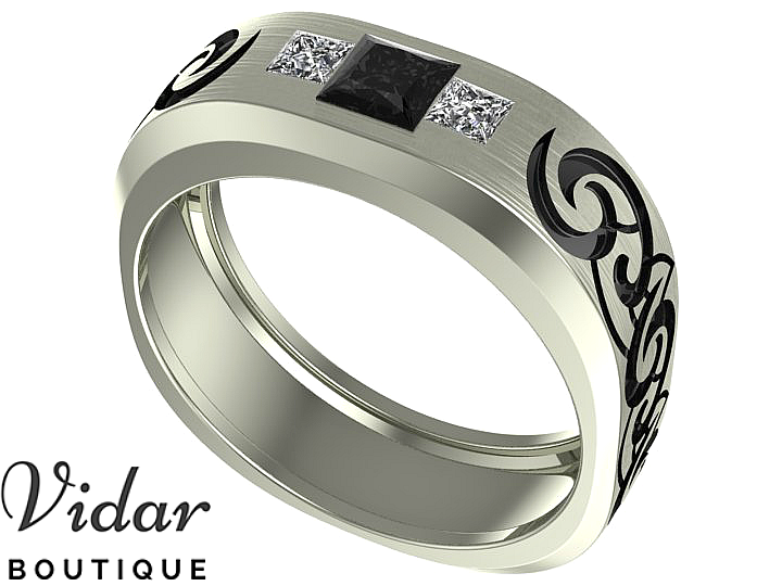 Unique Black Diamond Tribal Wedding Band For Men