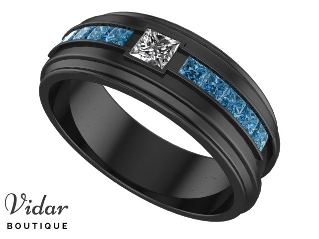 Black Gold White And Blue Diamonds Mens Wedding Band