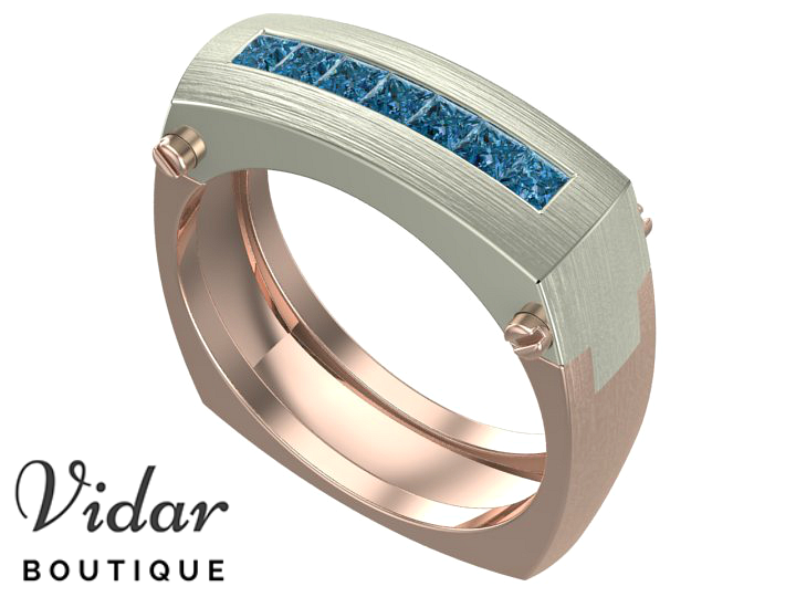 Blue Diamonds White-Rose Gold Mens Wedding Band