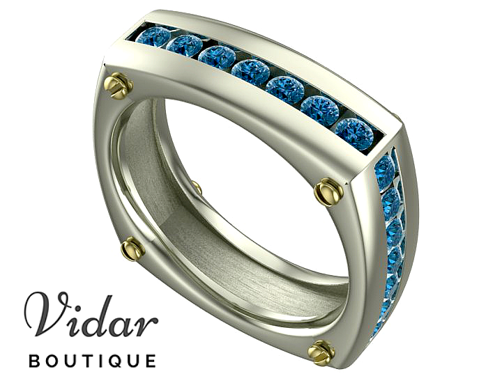 Unique Blue Diamonds Two Tone Gold Wedding Band For Men