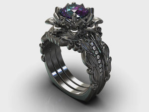 Black Gold Alexandrite Floral Wedding Ring Set