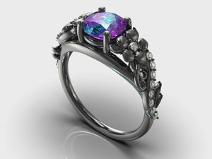 Alexandrite Black Gold Flower Engagement Ring