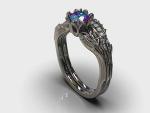 Black Gold Alexandrite Flower Wedding Ring Set