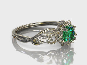 White Gold Lotus Flower Emerald Engagement Ring