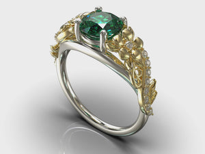 Two Tone Flower Emerald Engagement Ring