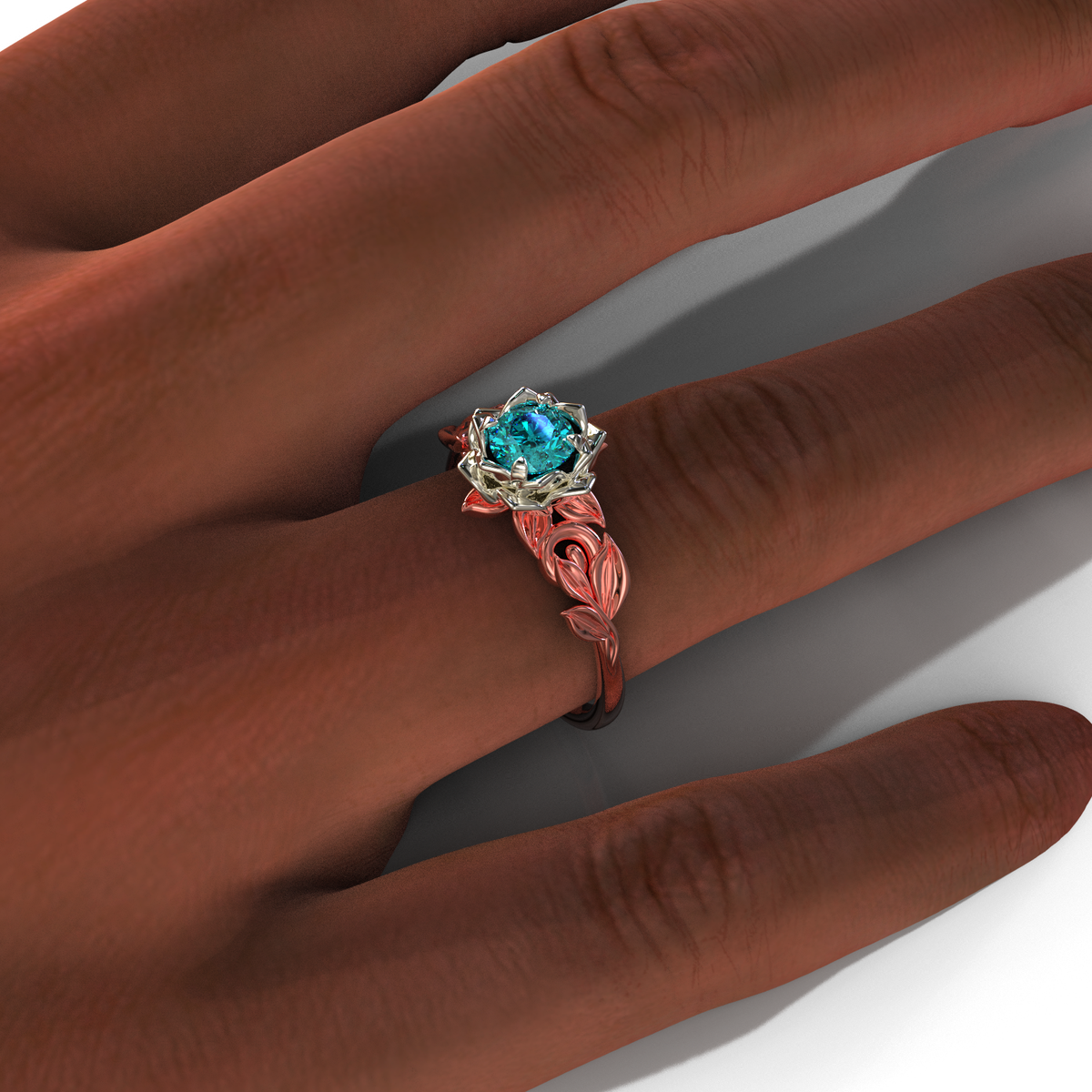 Two Tone Teal Sapphire Flower Engagement Ring
