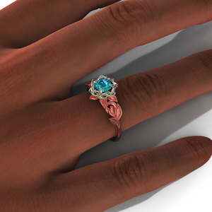 Two Tone Teal Sapphire Flower Engagement Ring