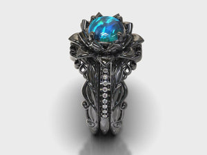 Black Gold Opal Wedding Ring Set