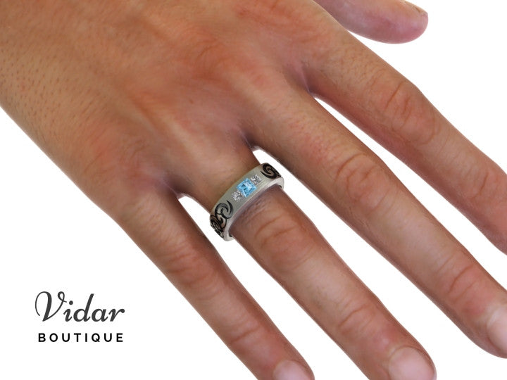 Unique Tribal Mens Aquamarine Wedding Ring