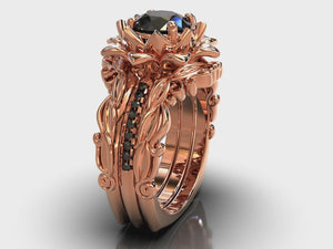 Black Diamond Floral Wedding Ring Set