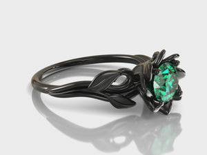 Black Gold Emerald Flower Engagement Ring