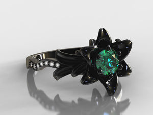 Emerald Black Gold Flower Engagement Ring