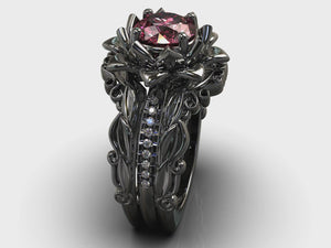 Black Gold Pink Moissanite Flower Wedding Ring Set